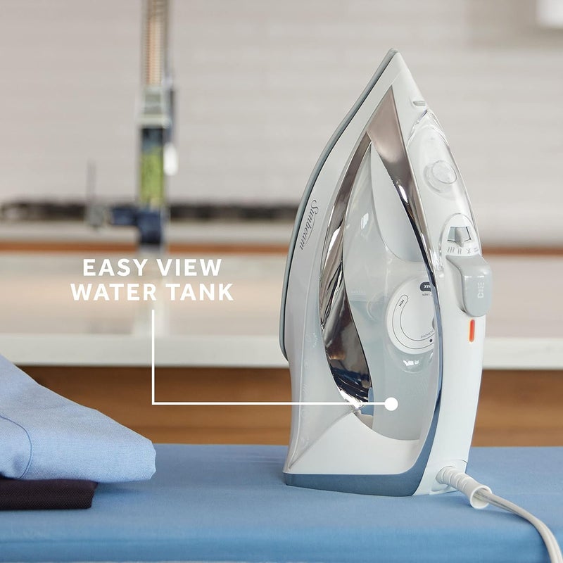 Sunbeam مكواة بخار توربو، 1700 واط، قاعدة سيراميك غير لاصقة، بخار أفقي أو عمودي، تسخين سريع، إيقاف تلقائي ثلاثي الاتجاهات، أبيض وكروم، 9.3"L x 3.7"W - Image 4